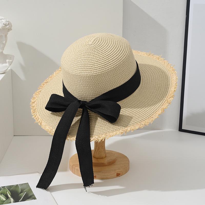 Korean Style Women's Wide Brim Straw Hat - Summer Seaside Bow Sun Protection