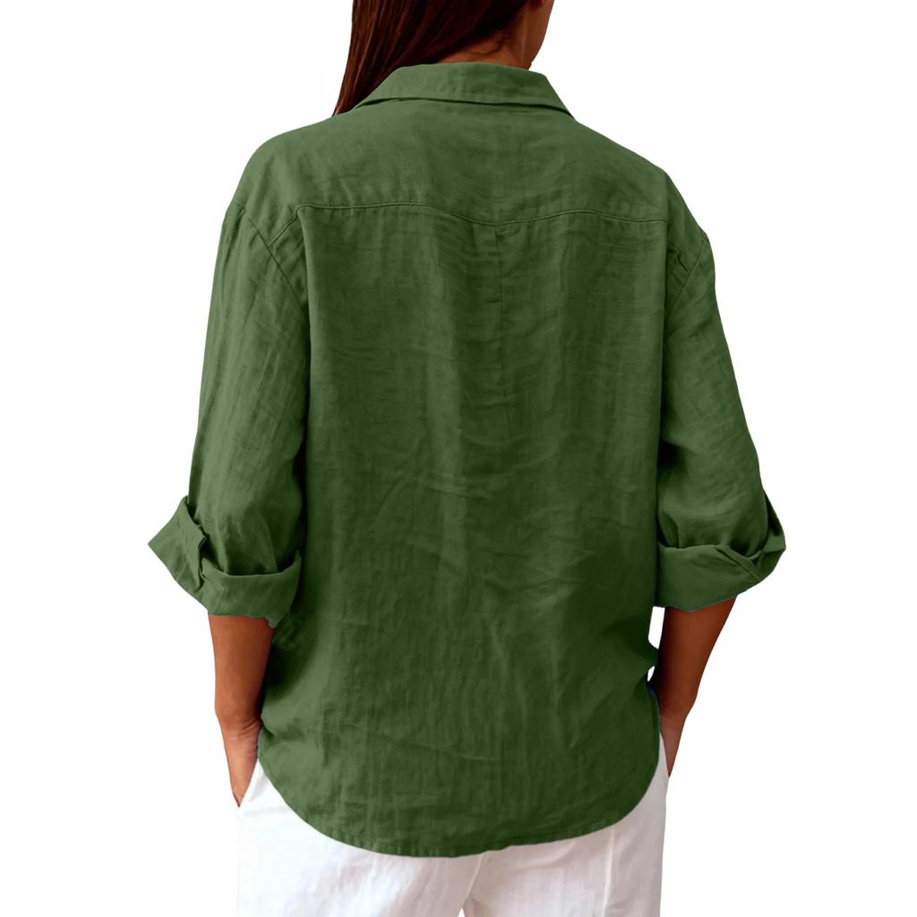 Women's Shirt Seven-Sleeve Lapel Cotton Linen Top Solided Color Casual Breathable Lapel Shirt