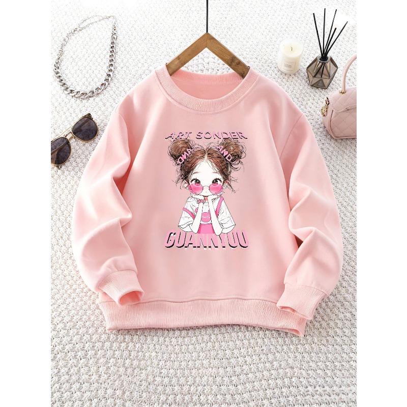 Girl's Crew Neck Sweatshirt with Cartoon Girl Print, Long Sleeve Top, Suitable for Outdoor Wear and Weekend Outings