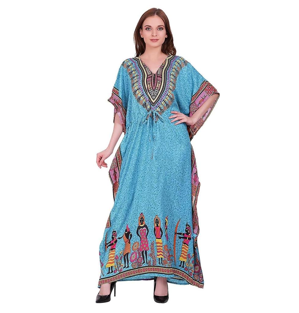 TreegoArt Fashion Women's Polyester Long African Kaftan Caftan Printed Adjustable Boho Dress Nightwear Maxi Gown