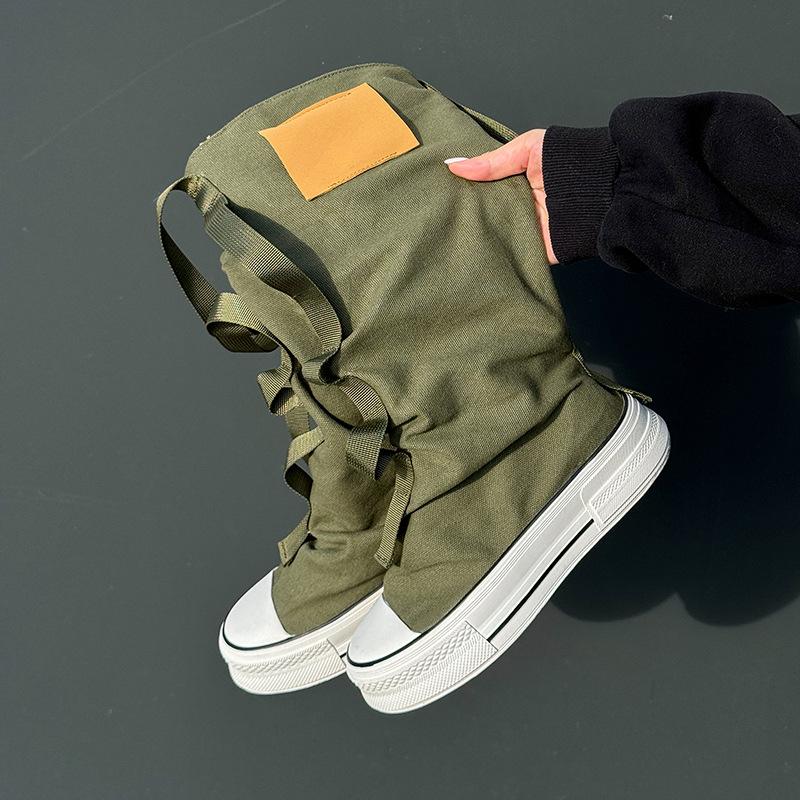 Niche design sense high-top canvas shoes women's new autumn and winter tube pants tube stacking boots thick-soled short boots