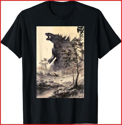 Retro Vintage Japońska Sztuka Legendarny Rzadki Kaiju Czarna Bawełniana Koszulka Unisex T-Shirt