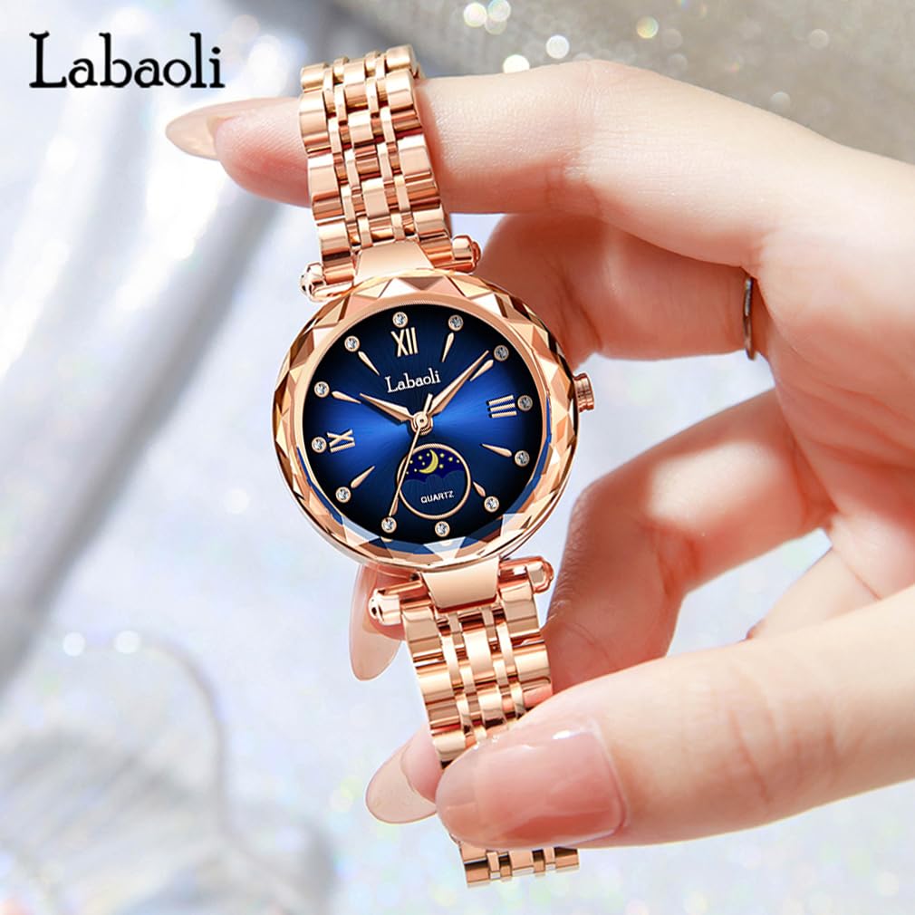 Rose Gold Watch with Brand Stainless Gift for Blue Women's Crystals, Stylish, Waterproof, Name, Business, Steel, Luxury, Cute, Her,