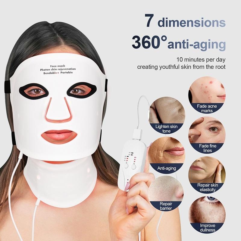 Silicone LED Mask Face With Neck 7 Colors LED Photon Red Light Infrared Therapy Flexible Facial Mask Repair Skin Wireless Use