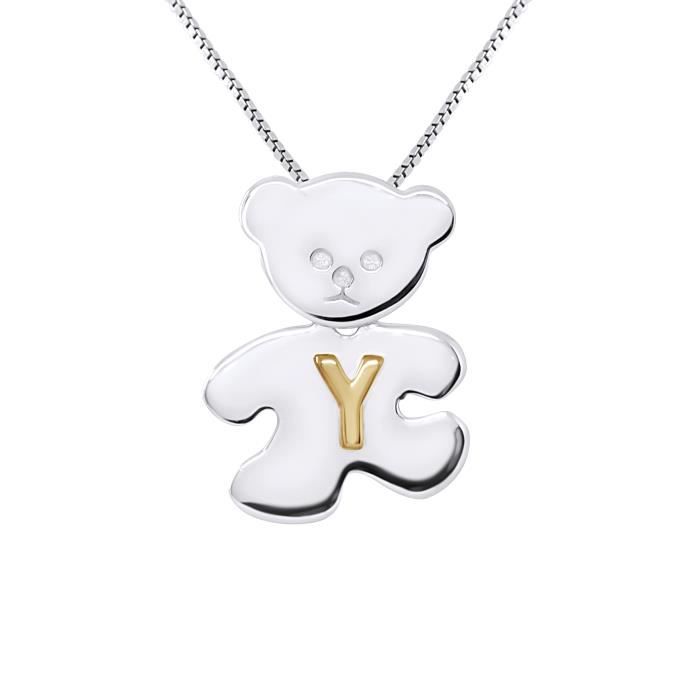 LÉA & ARTHUR - Pendentif Enfants Motif (OURSON) Argent 925 Millièmes Rhodié & (Lettre Y) Plaqué Or Jaune