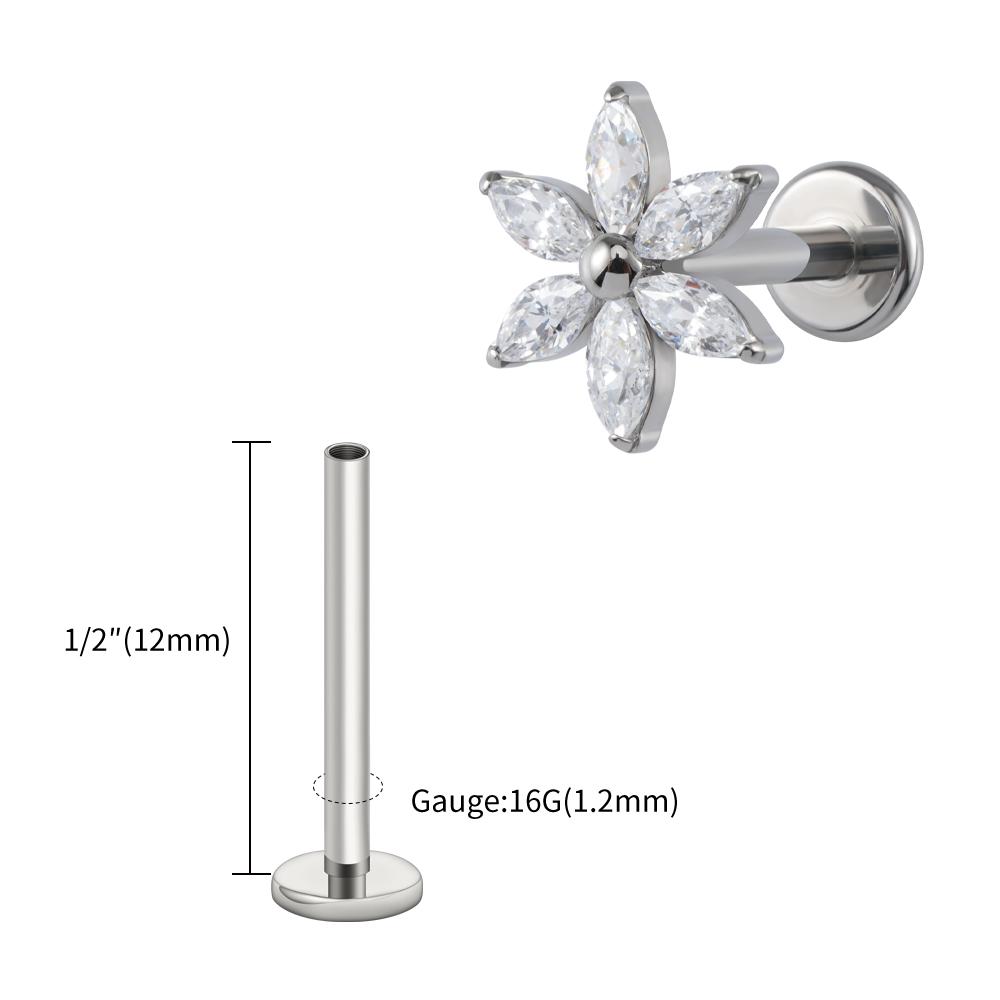Right Grand ASTM F136 Titanium 16G Marquise Flower CZ Labret Stud Helix Conch Cartilage Tragus Flat Back Piercing Body Jewelry