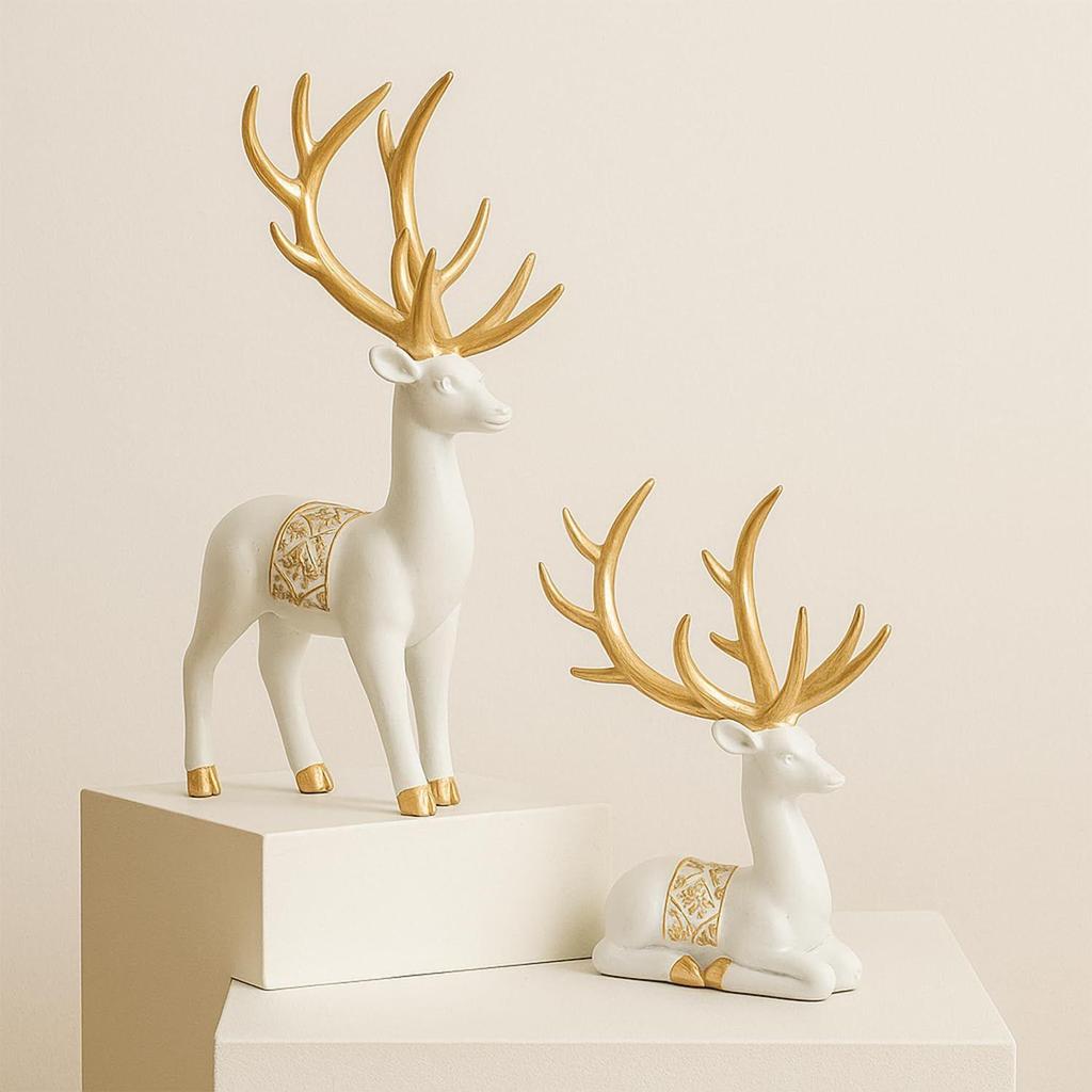 Charming Polyresin Reindeer Décor | A Timeless Token of Grace & Good Luck | Elevate Your Festive & Everyday Spaces – Pack of 2, White & Golden