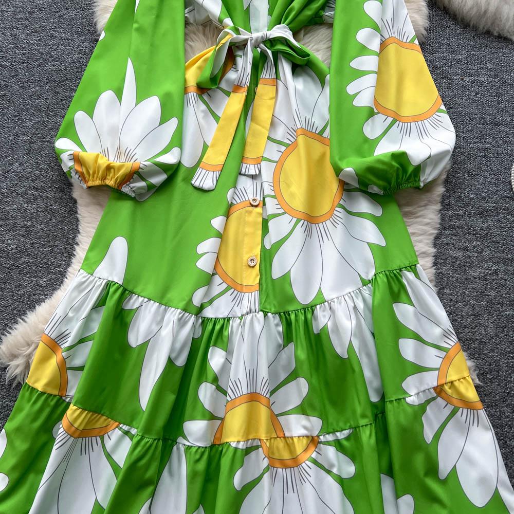Chic Vintage Sexy Buttonn Ruched  Print Slim Elegant Fairy Summer  Korean Fashion Boho Sundress Women Clothing Long Dress