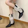 Women's Western Cowboy Boots Embroidered Slimming Mid-Calf Pointed Toe Patchwork Rubber Sole Winter Boots