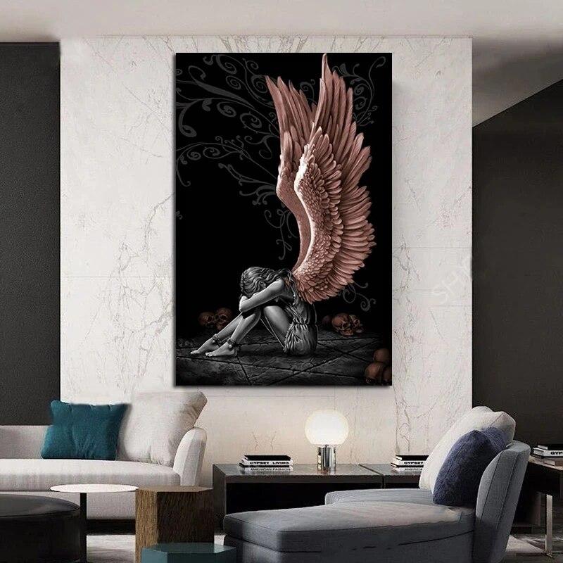 Devil and Angel Canvas Paintings Gray Character Wings Skull Posters and Prints Wall Art Pictures for Living Room Home Decoration No Frame