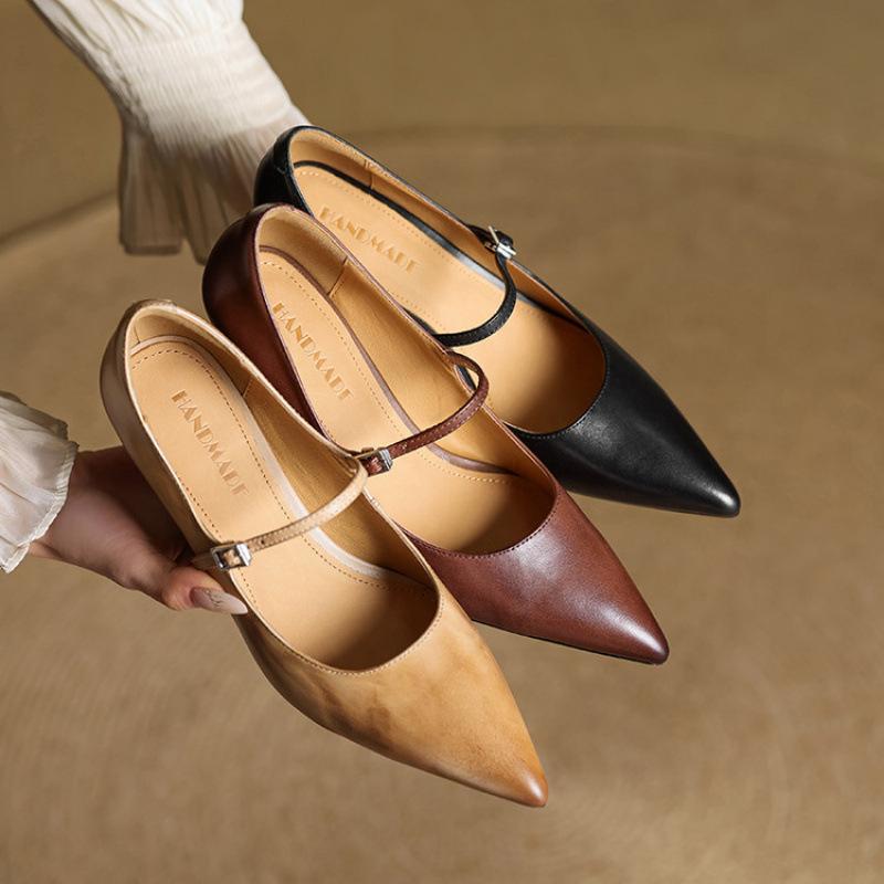 Casual Solid Color Light Mouth Low-top Single Shoes, New Comfortable Pointed Small Leather Shoes, Genuine Leather Large Size Medium Heel Beef T