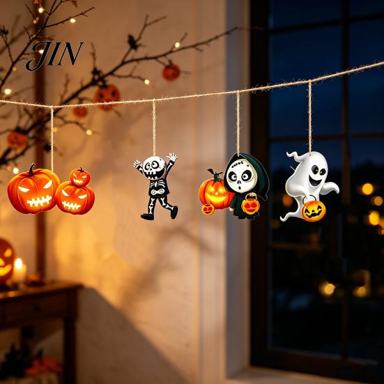 Halloween Hanging Decor 6Pcs Wooden Decoration, Ghost Pumpkin Eyeball Pendant Ornament with Rope, Spooky Holiday Party Decorations