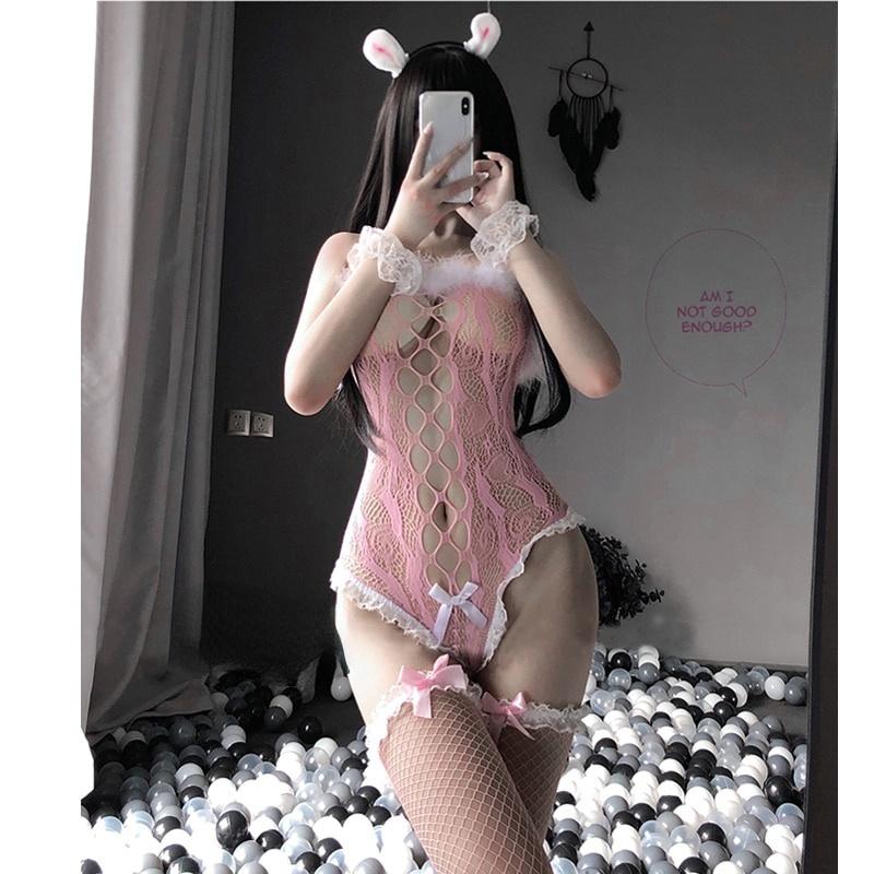 Anime Cosplay Costumes Black Pink Lace Bunny Cosplay Bustier Fishnet Bodysuit with Stocking See Through Jumpsuit