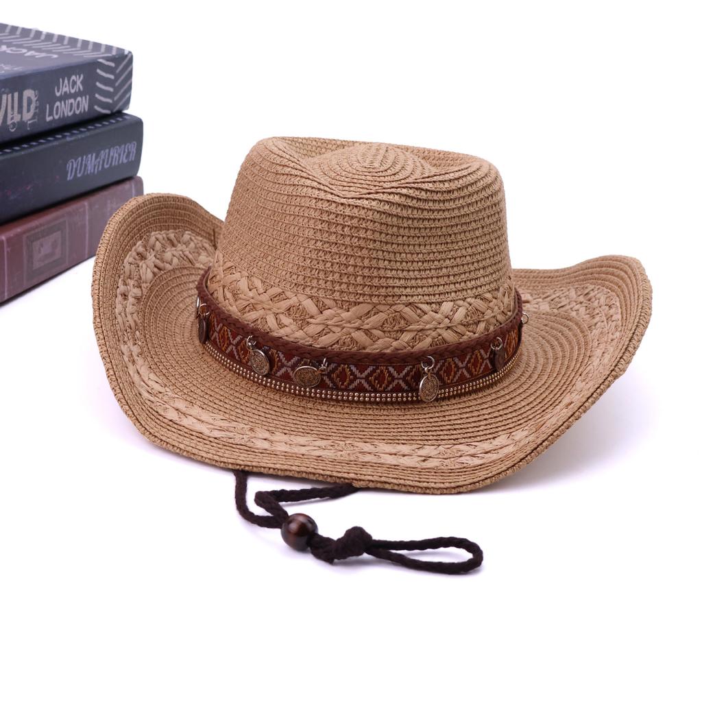 Ethnic style iron sheet decorative straw weaving western cowboy hat women's outdoor UV protection holiday sunshade sun climbing hat