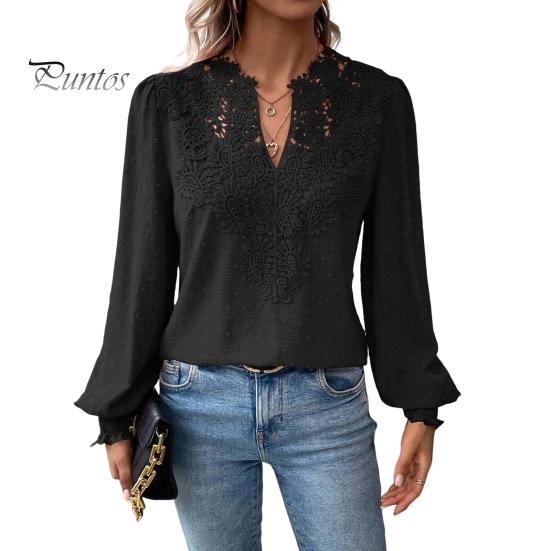 

Женская короткая рубашка с v-образным вырезом и полуоткрытым воротником, кружевная рубашка с длинными рукавами, однотонный пуловер свободного кроя, топы, повседневная одежда L чёрный