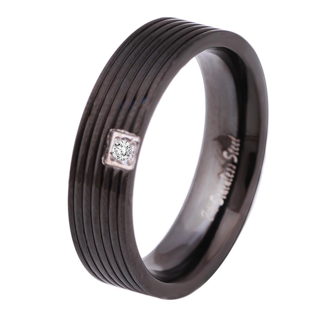 INS New Fashion Simple Striped Rhinestone Couple Wedding Rings, Stainless Steel Black Spliced Design Size 8