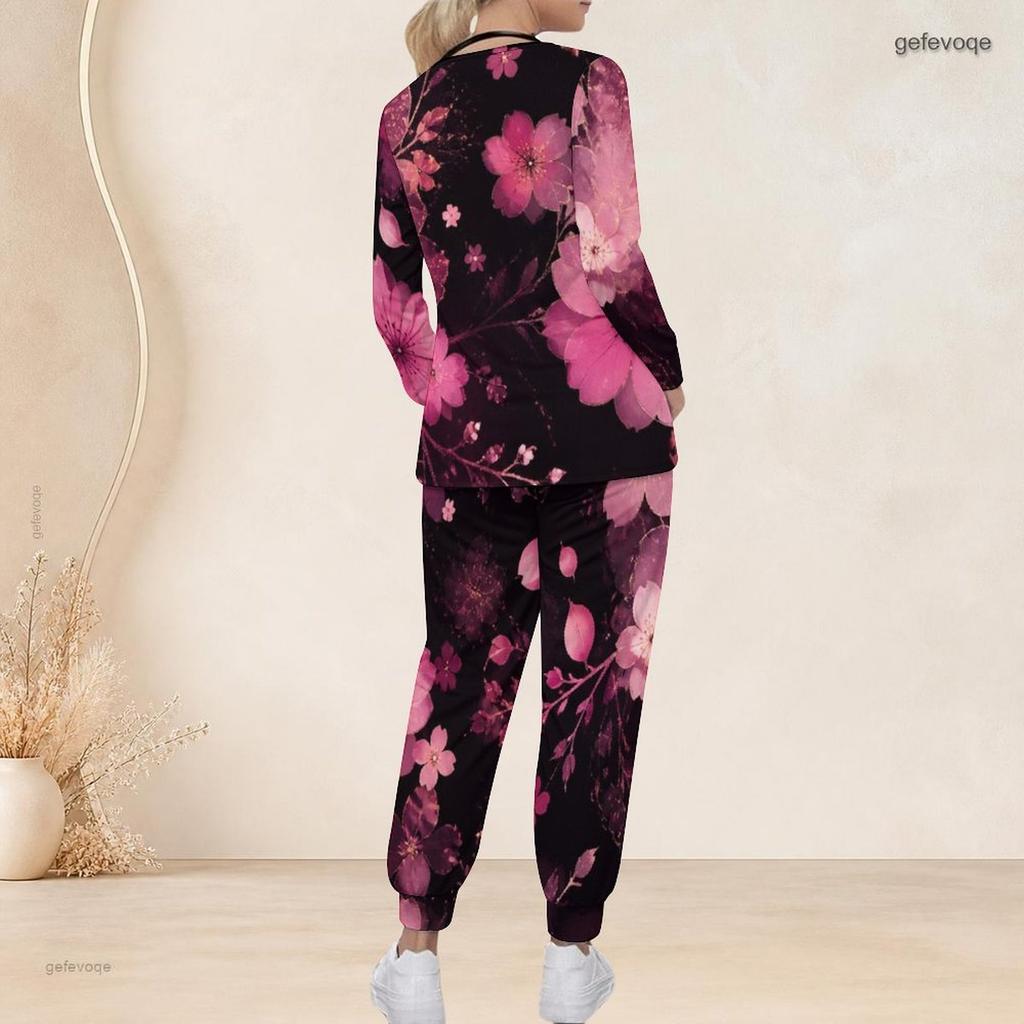 Women Plus Size Black Pink Floral Printed Nurse Scrub Set V Neck Long Sleeve Pockets Top Long Pants