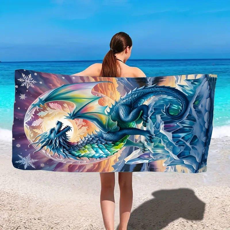 Fantasy Dragon Design Polyester Beach Towel, Quick Dry Woven Machine Washable Contemporary