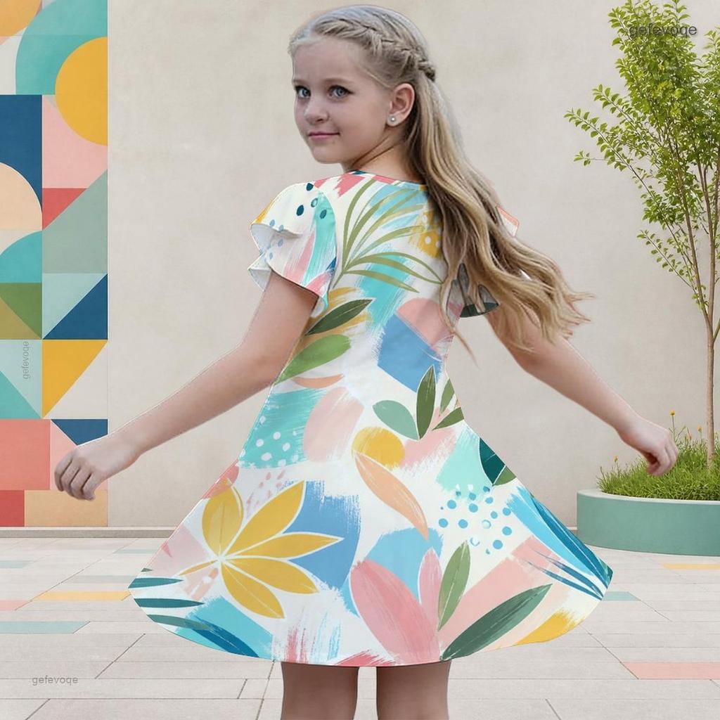 Girls Multicolor Printed Round Neck Flutter Sleeve A Line Flared Dress