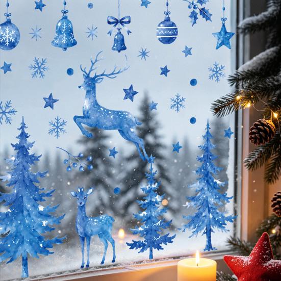 Seasonal Window Display Accents Watercolor Christmas Sticker, Non Adhesive Blue Elk Snowflake Tree Decals Wall Decal, Static Cling Removable