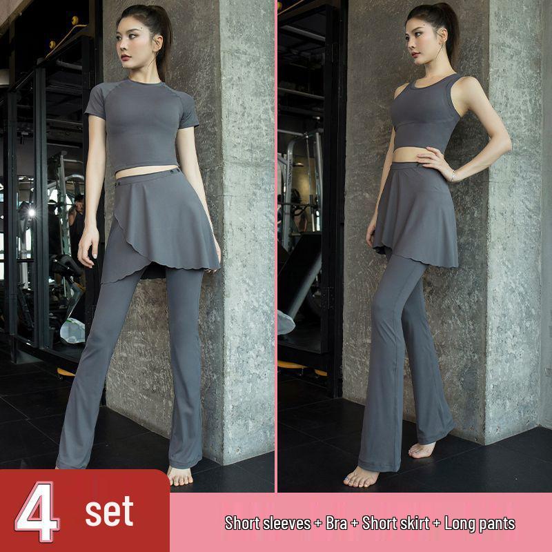 Women's Quick-Dry Yoga Set: Short Sleeve Top, Hip-Covering Skirt & Slimming Flare Pants - Spring/Summer