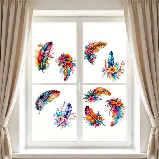 Watercolor Feather Flower Pattern Window Sticker, Transparent Electrostatic Adhesion Glass Decal, Waterproof Scratch-Resistant Decorative Film