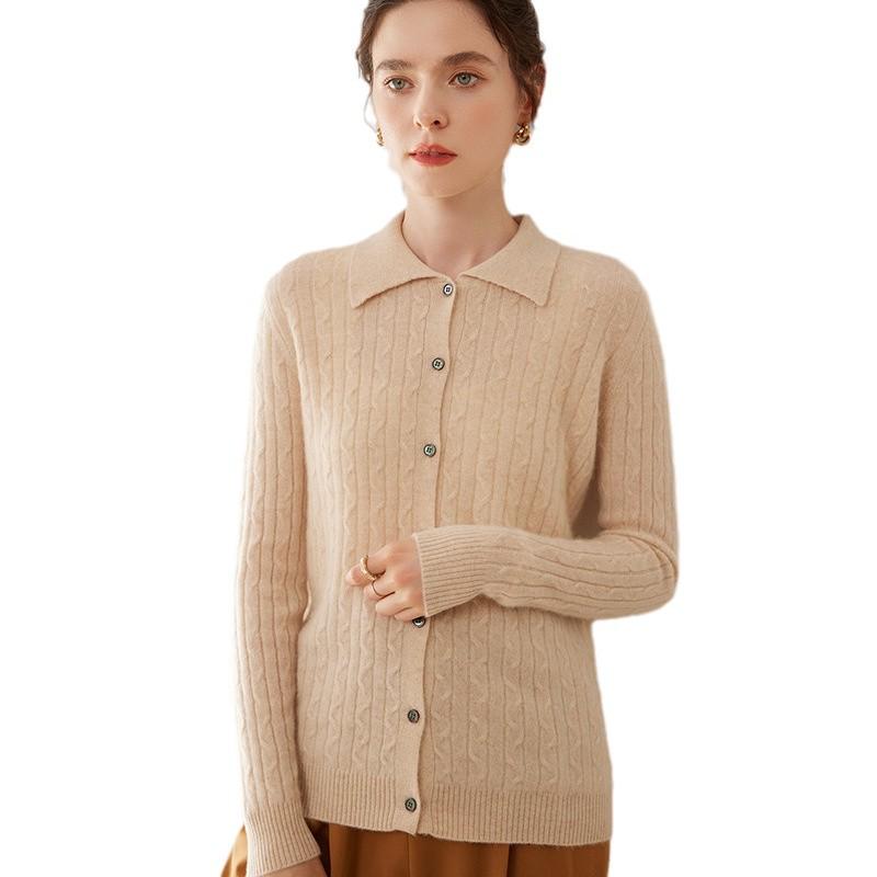 Women's Cable Knit Cashmere Cardigan - Polo Collar, Buttoned, College Style, Fall/Winter Layer