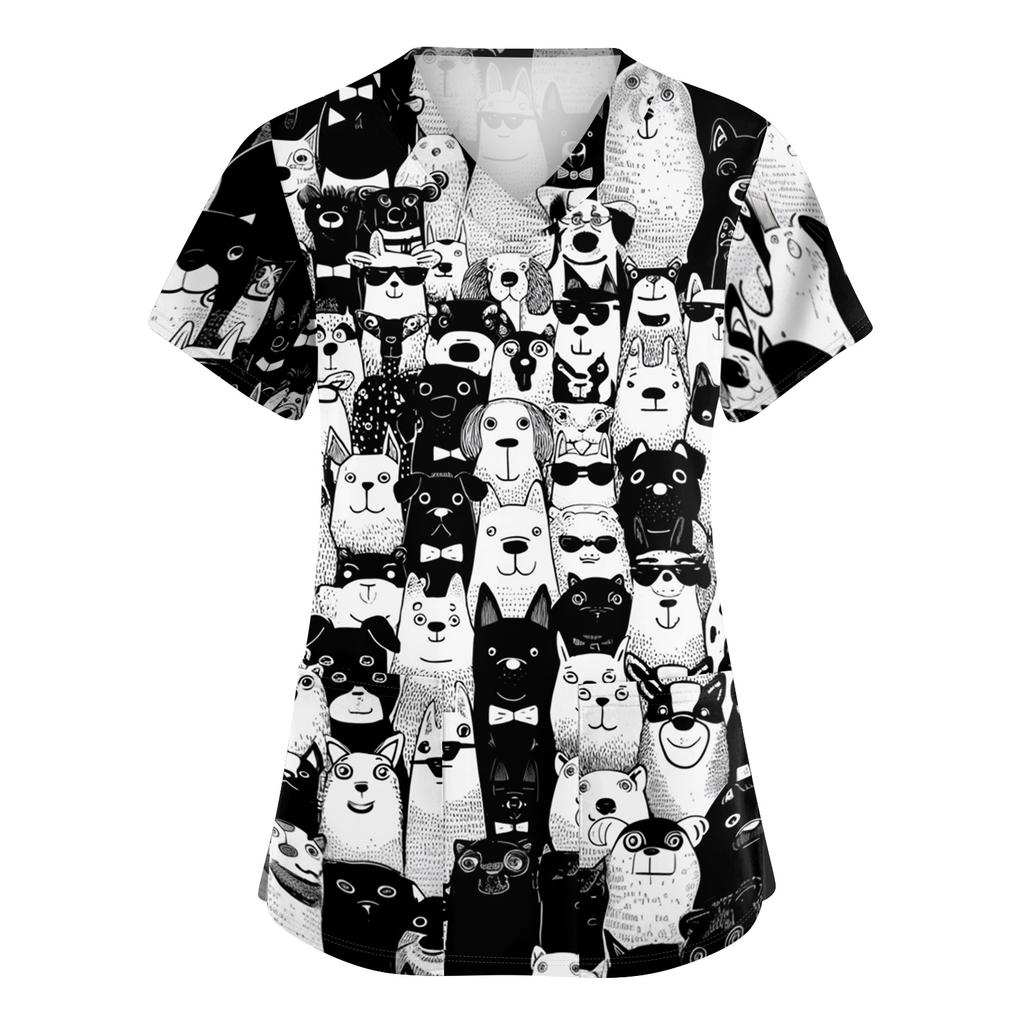 Ladies V Neck Short Sleeve Work Top with Side Slits and Pockets Animal Print Pattern Medical Scrub Shirt for Healthcare Professionals