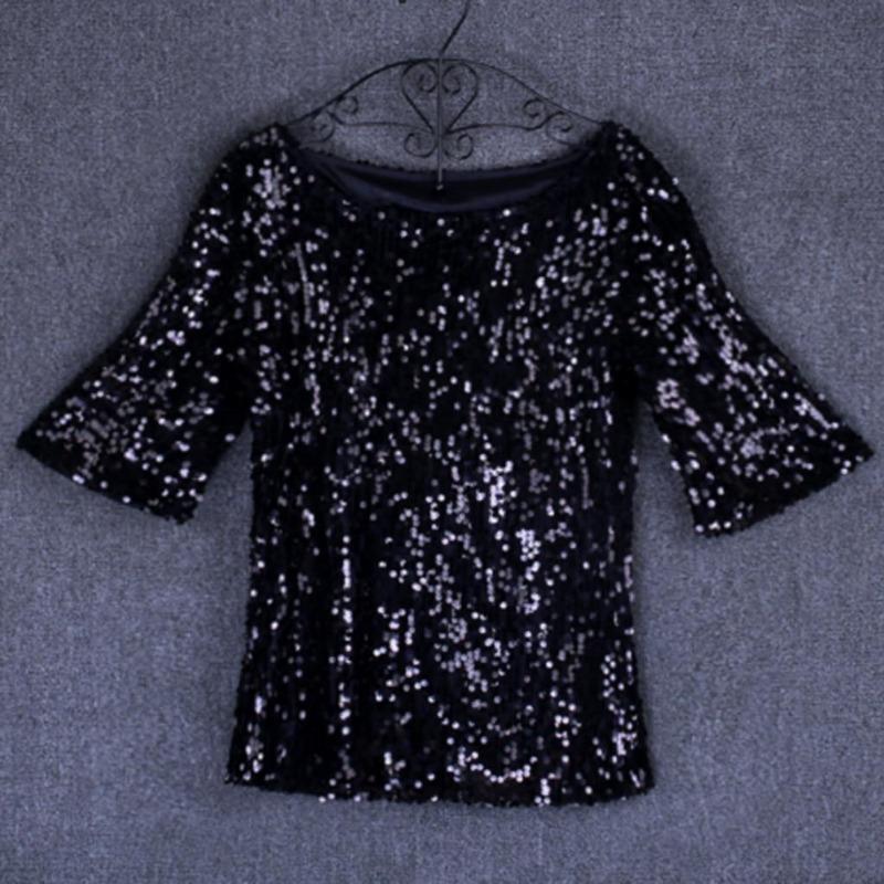 Women Shiny Sequin Loose Blouses Elegant Stylish Crew Neck Glittering Tops Five-point Sleeve Casual Stretch Shirt