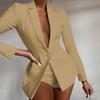 Women Suit Coat Blazer Single Button Lapel Deep V Neck Long Sleeve Straight