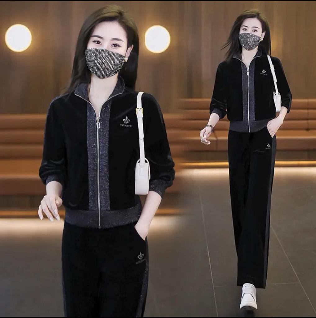 Set sportiv de damă din catifea, două piese, Primăvară/Toamnă 2025 - Îmbrăcăminte casual la modă care sfidează vârsta