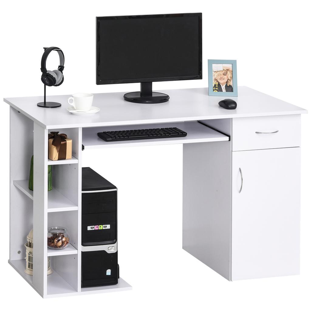 Ergonomic PC Desk with Table, Cabinet, Drawer and Pull-out Keyboard Tray, White, 120x60x74cm