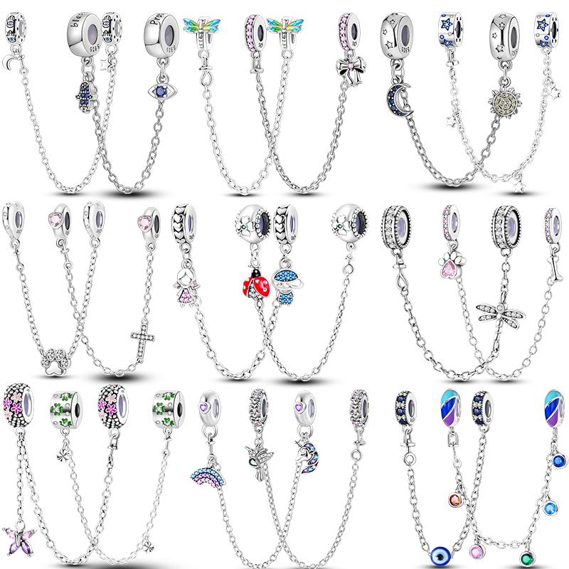 Star Moon Slide Safety Chains Charms 925 Sterling copper Heart Evil eyes Silicone Spacer Beads Fit Original Bracelet DIY Zircon