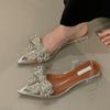 Summer Fashion Crystal Sequined Bowknot Women Pumps Sexy Pointed Toe Clear Low Heels Mules Sandals PVC Transparent Shoes