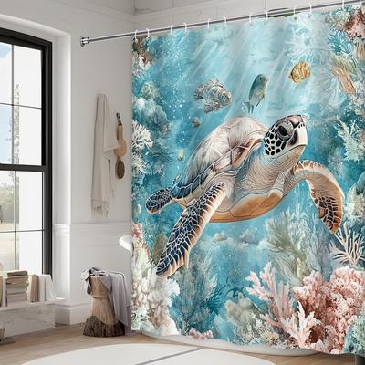 Fashion Sea Turtle Shower Curtain - Coral Reef, Vibrant Watercolor Style, Detailed Design,Polyester, Machine Washable