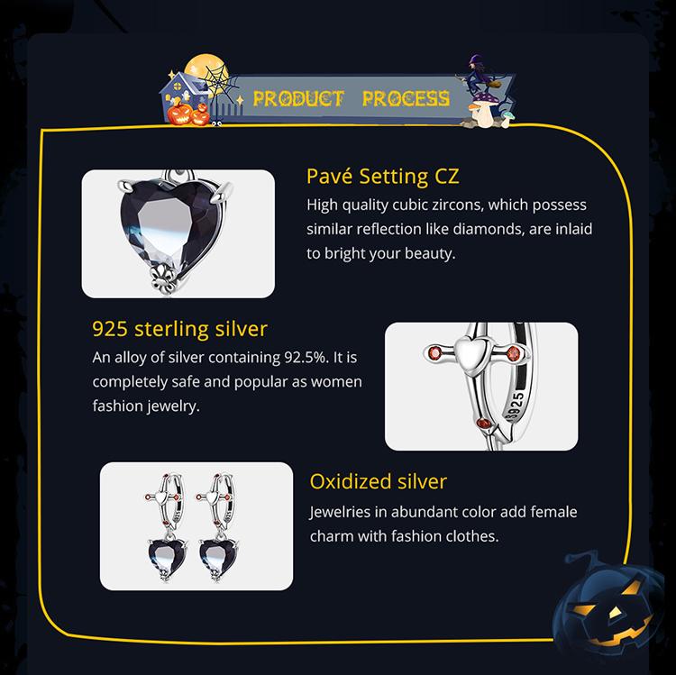 BAMOER 925 Sterling Silver Heart Bi Color Black Crystal Hoop Earrings For Women Reto Red Cross Dangle Drop Earring Halloween Gift