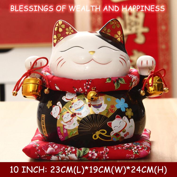 10 inch Ceramic Lucky Cat Money Bank Maneki Neko Fortune Cats Porcelain Happy Smiling Cat Figures Feng Shui Decor Ornament