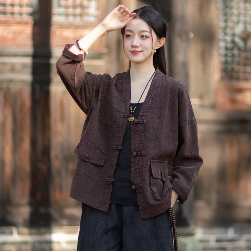 Johnature Women Vintage Shirts Tops Spring Chinese Style Button Blouses Patchwork Pockets Shirts