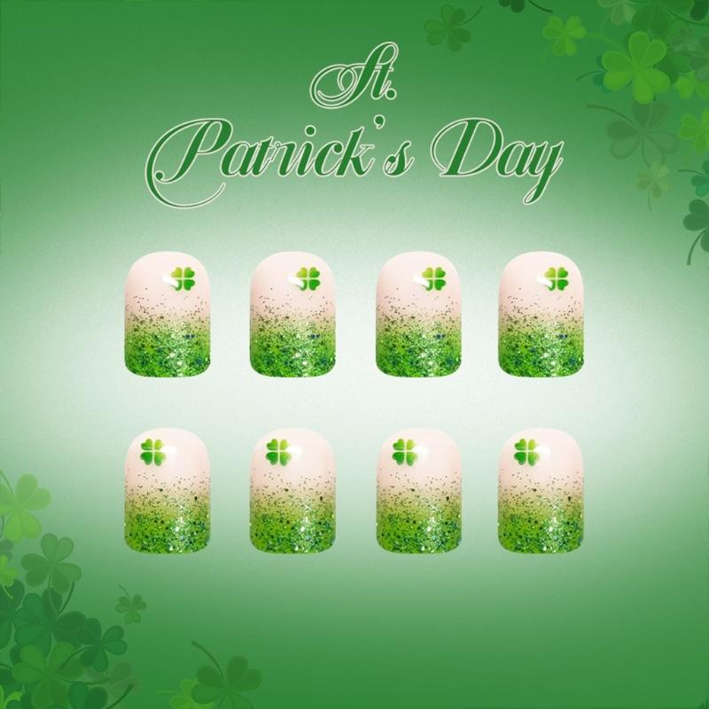 1Set Short False Nail Easy to Wear Patrick Day Nail Art Four Leaf Clovers Sparkling French Style Multiple Size