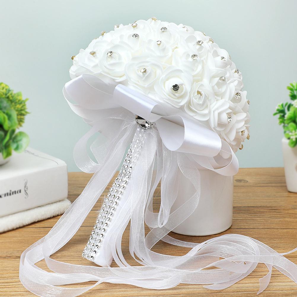 Weißer Brautstrauß Künstlicher Rosenstrauß mit Kristallperle für Hochzeit Verlobung Zuhause