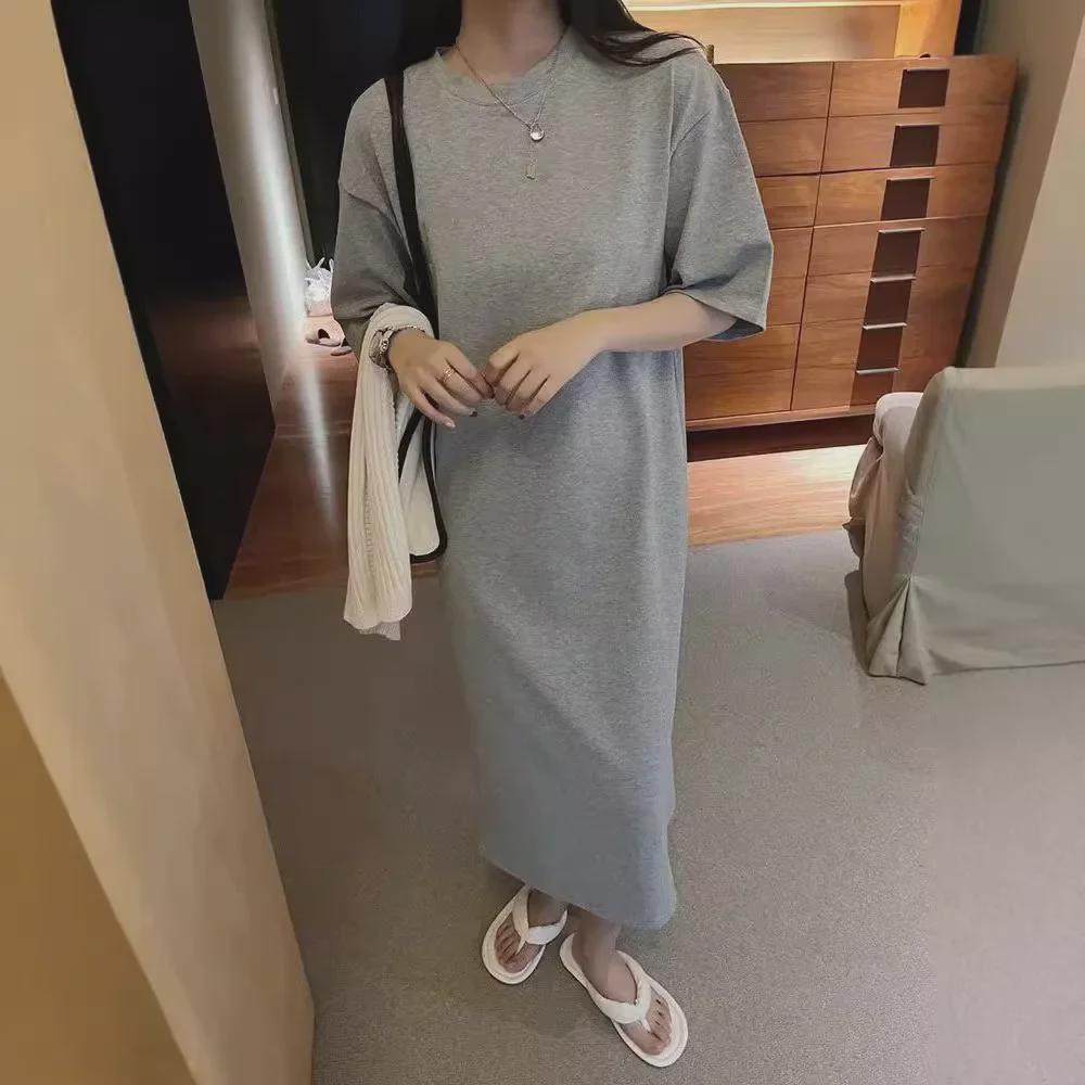 Women's Summer Loose Fit Solid Color T-Shirt Dress - Medium Long with Round Neck and Short Sleeves