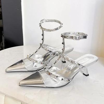Fashion Original Brand Designer Metal Rivet Decoration High Heels Women Sexy Pointed Toe Patent Leather Ankle Strap Thin Heeled Sandals