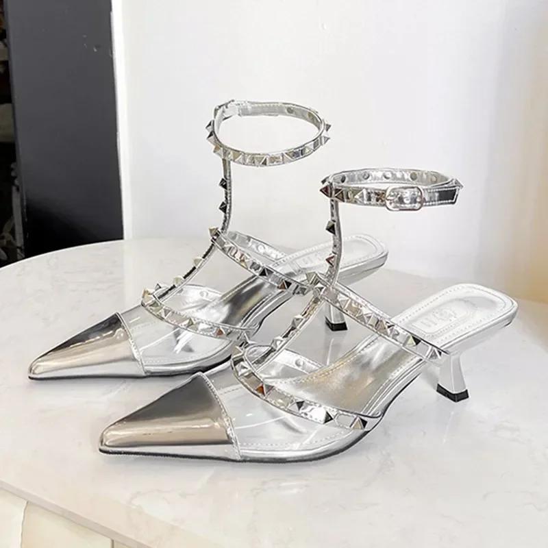 Fashion Original Brand Designer Metal Rivet Decoration High Heels Women Sexy Pointed Toe Patent Leather Ankle Strap Thin Heeled Sandals