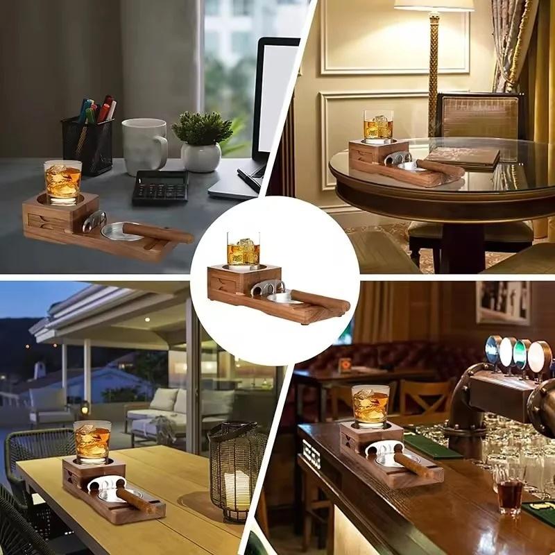Wooden Cigar Ashtray with Drawer - Whiskey Glass Holder Cigar Holder Beverage Coaster Cigar Accessories for Men