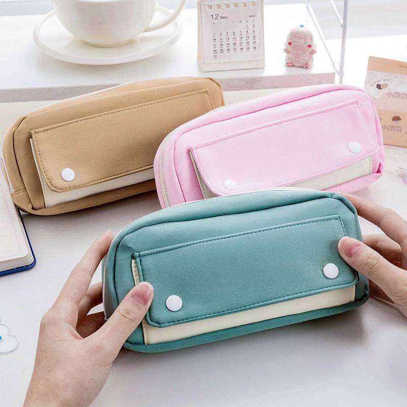 Pencil Case For Students With Large Capacity Dual Zipper Storage In Polyester Fabric