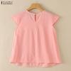 ZANZEA Women Casual Round Neck Solid Color Short Sleeve Cotton Blouse