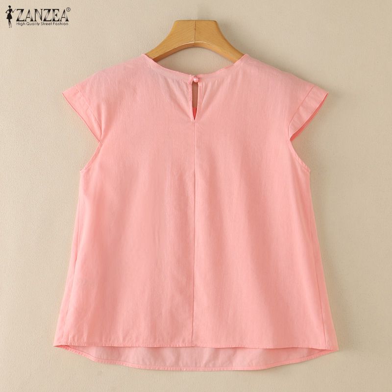 ZANZEA Women Casual Round Neck Solid Color Short Sleeve Cotton Blouse