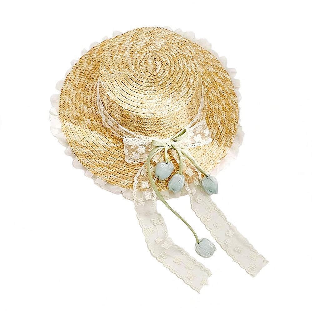 Sweet Lightweight Straw Hat Lace Bow Woven Straw Sun Hat Flat Top Breathable Beach Hat Summer