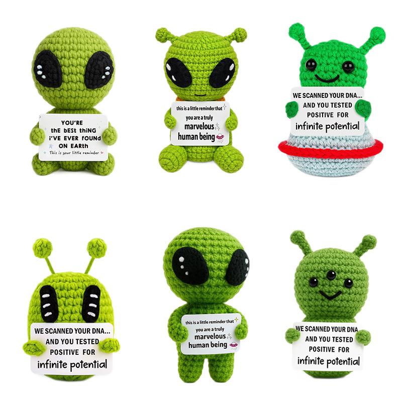 Creative Alien Doll Desktop Decoration Ornaments Handmade Crocheted Alien Gifts Emotional Support Positive Cards Chrismas Gifts