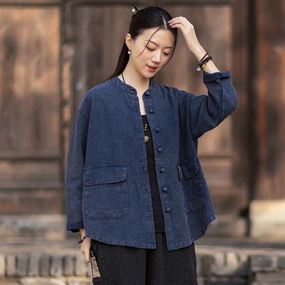 Women Vintage Shirts Tops Spring Chinese Style Solid Color Stand Long Sleeve Pockets Blouses